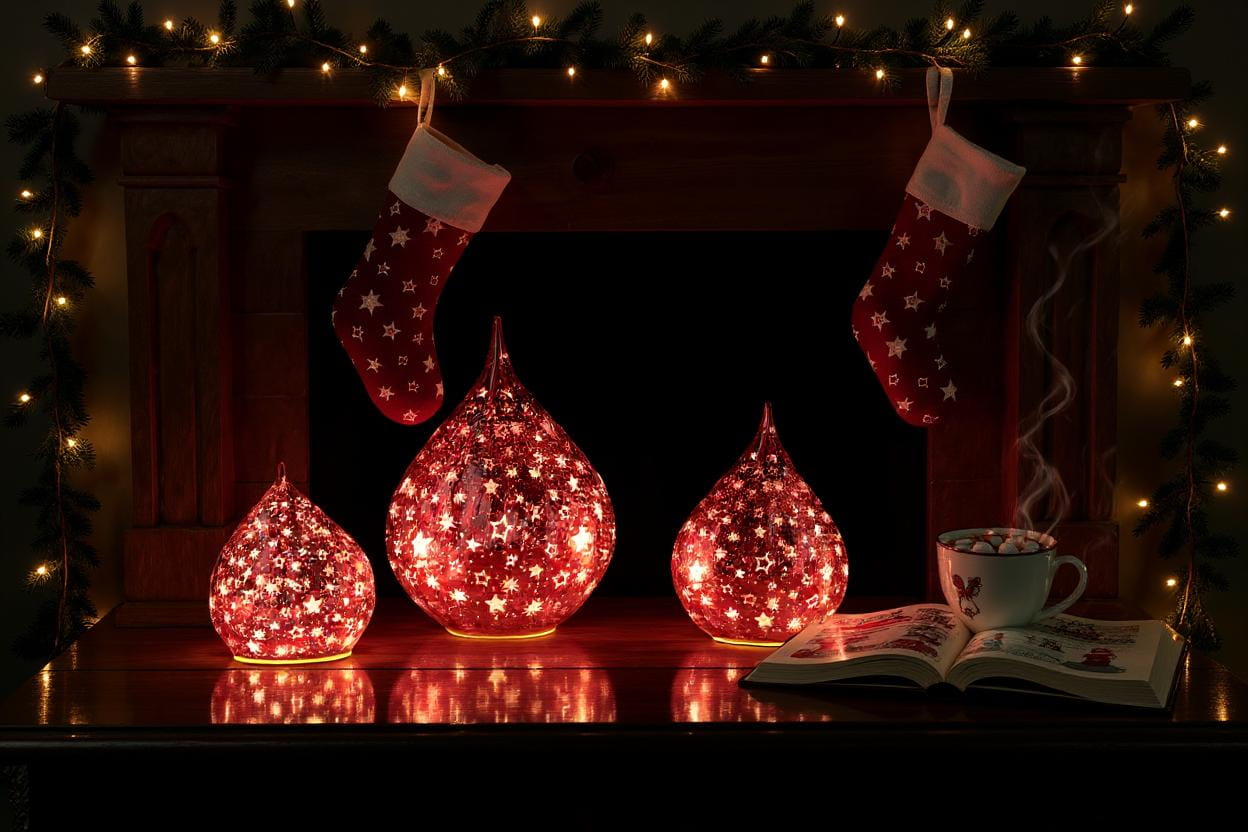 formano Weihnachts-Tropfen 21 cm, Farbglas in Krakelee-Optik mit LED-Licht & Timer, Sterne-Rot
