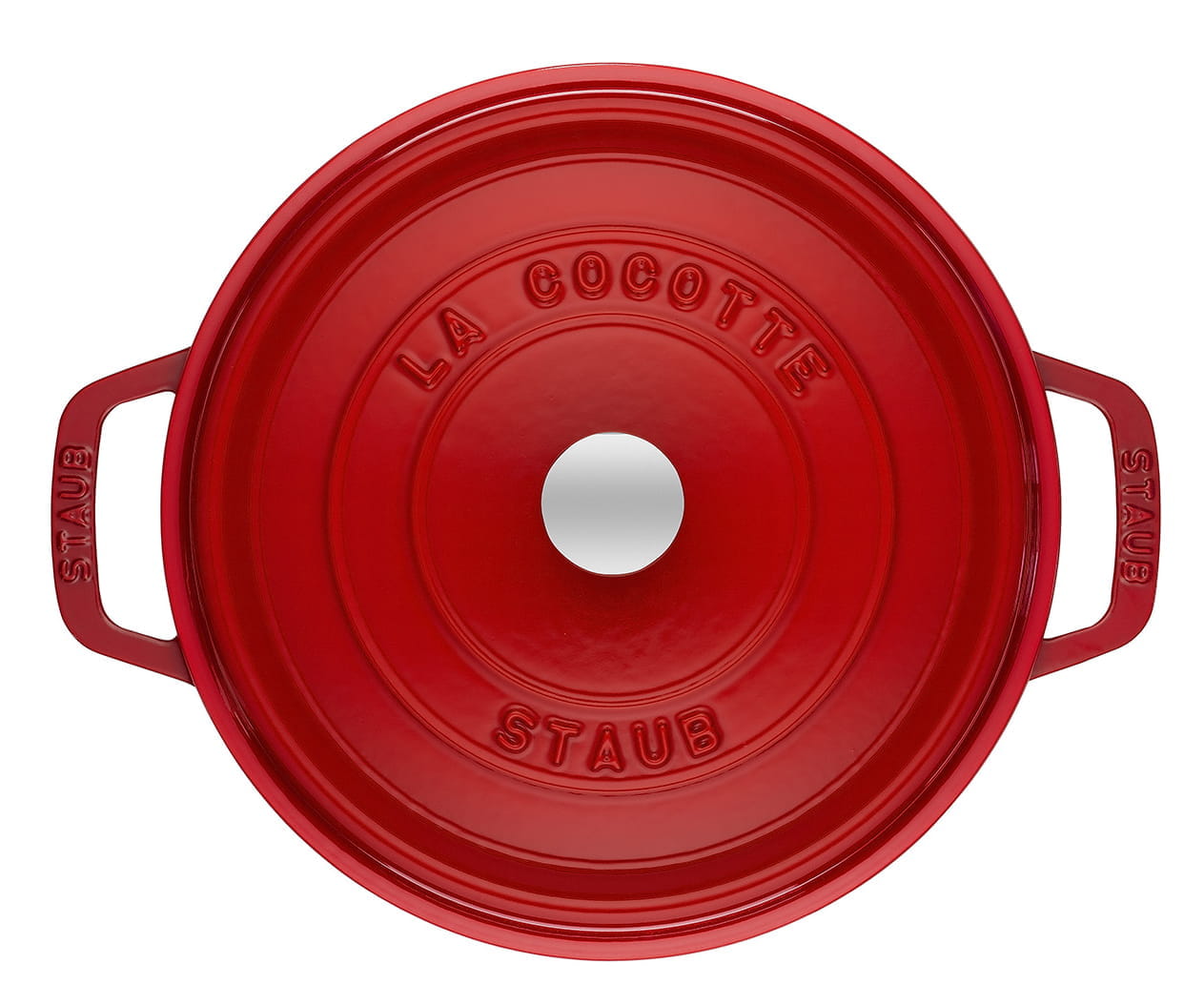 Staub Cocotte Bräter Gusseisen rund 30cm kirschrot oben