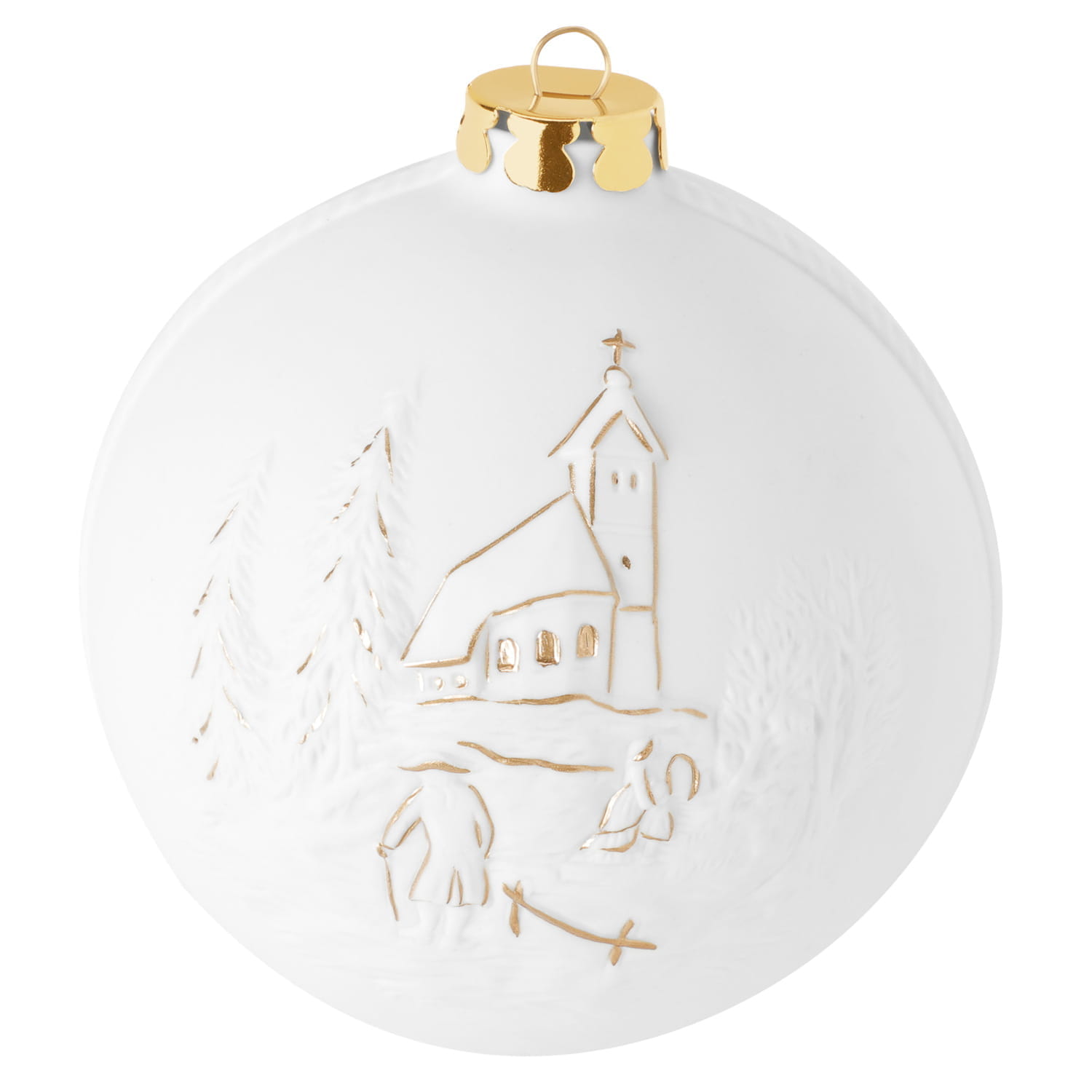 Seltmann Porzellan Weihnachtskugel, "Kirchgang mit Mann + Mühle" Ø 8 cm, Weiß/Gold