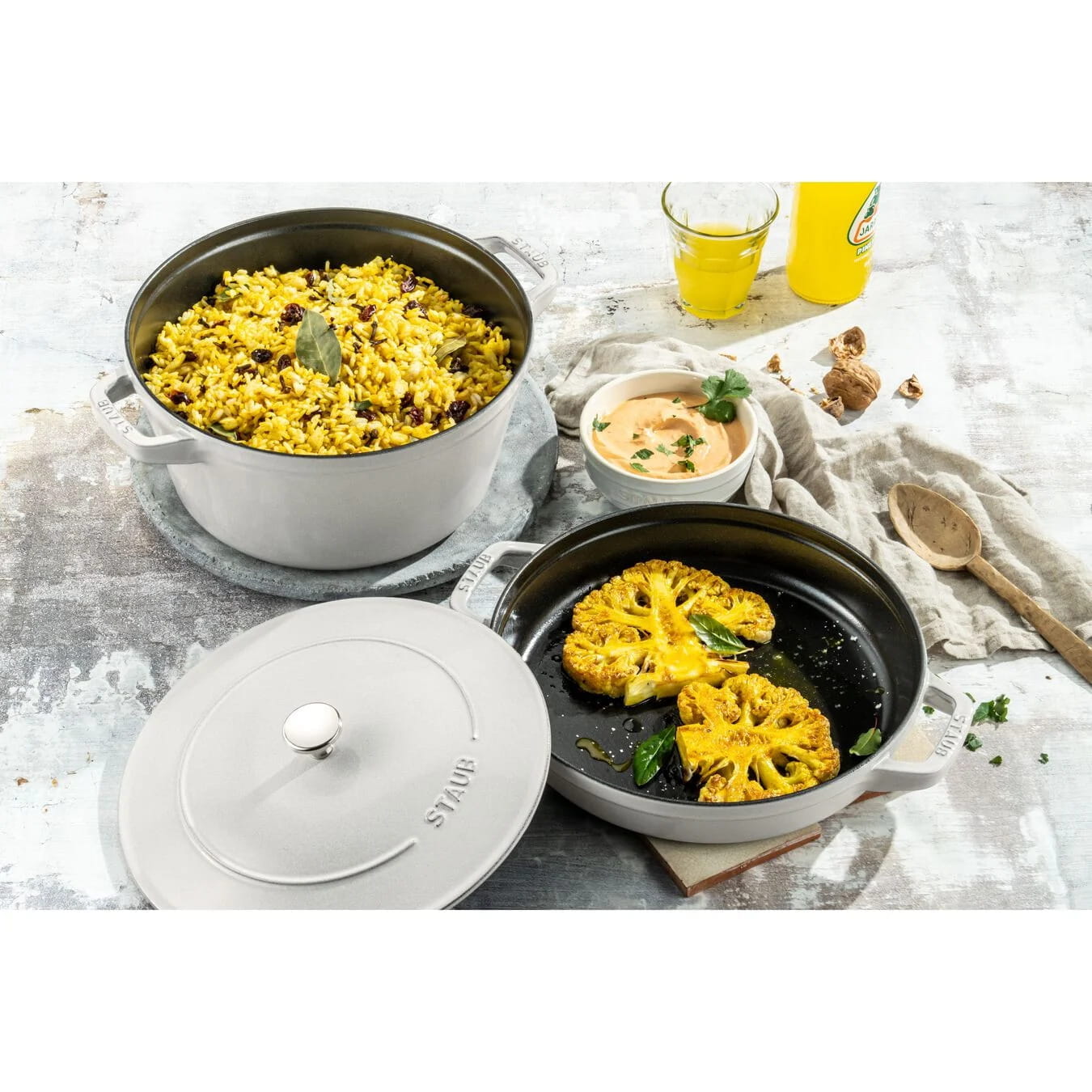 Staub Cocotte Kochtopfset 2-teilig Gusseisen rund 24 cm Weißer Trüffel