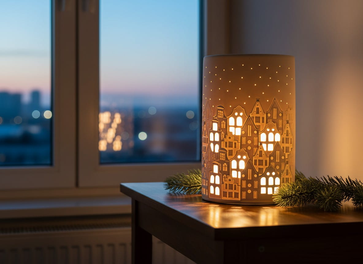 Gilde Porzellan Lampe "Stadtlichter" - 28 cm Tischleuchte Lifestylefoto