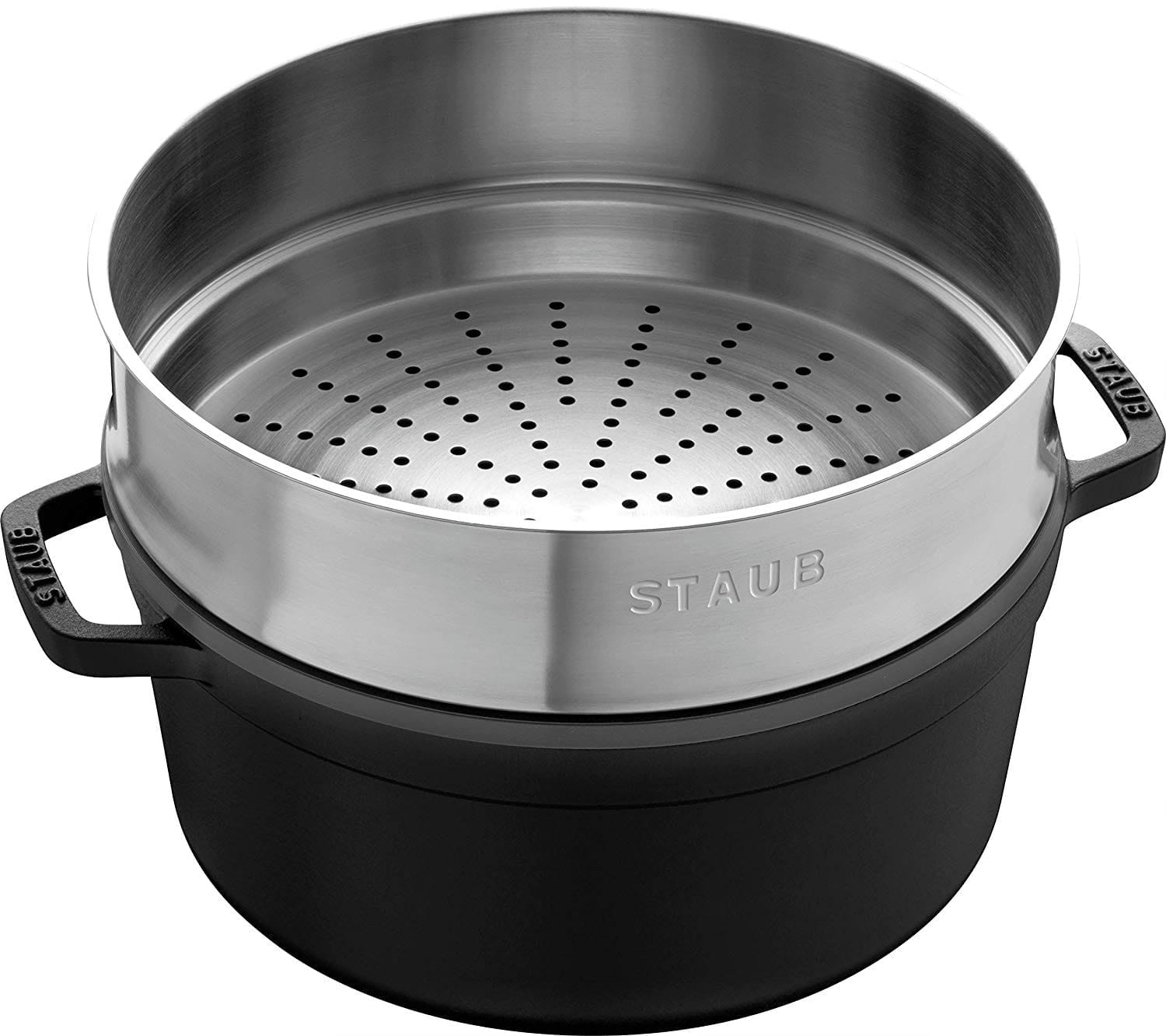 Staub Cocotte Bräter Gusseisen rund 26cm schwarz mit Dämpfeinsatz offen