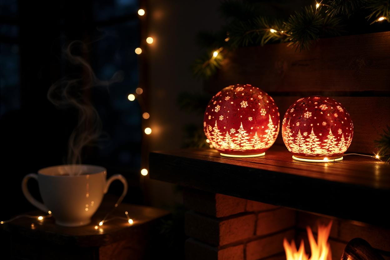 formano Weihnachtskugel 15 cm, Farbglas rot in geeister Optik, mit LED-Licht & Timer, winterl. Dekor