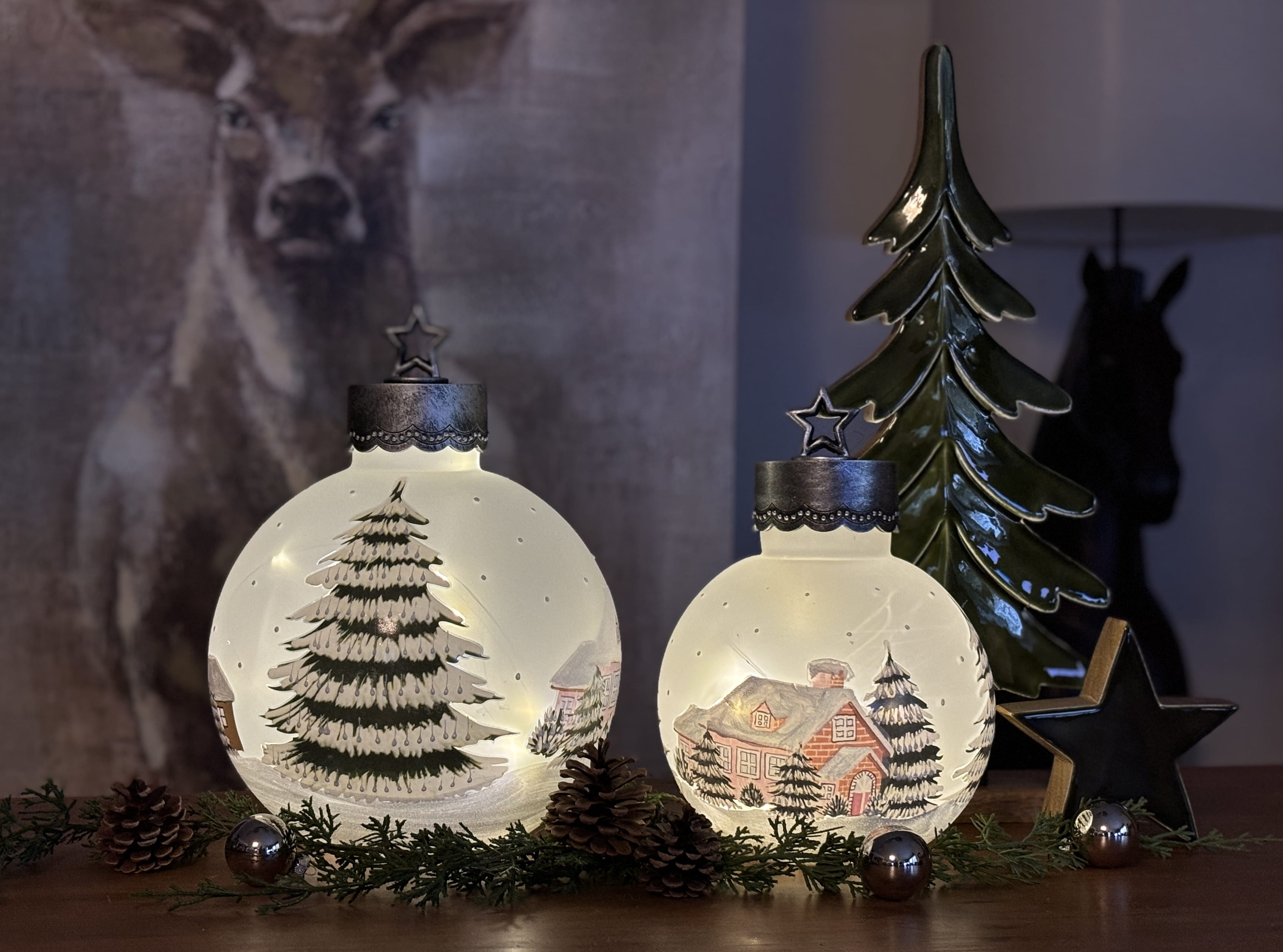formano Weihnachtskugel 30 cm, mattes Glas, handbemalt mit LED-Licht & Timer, Winterdekor + Stern