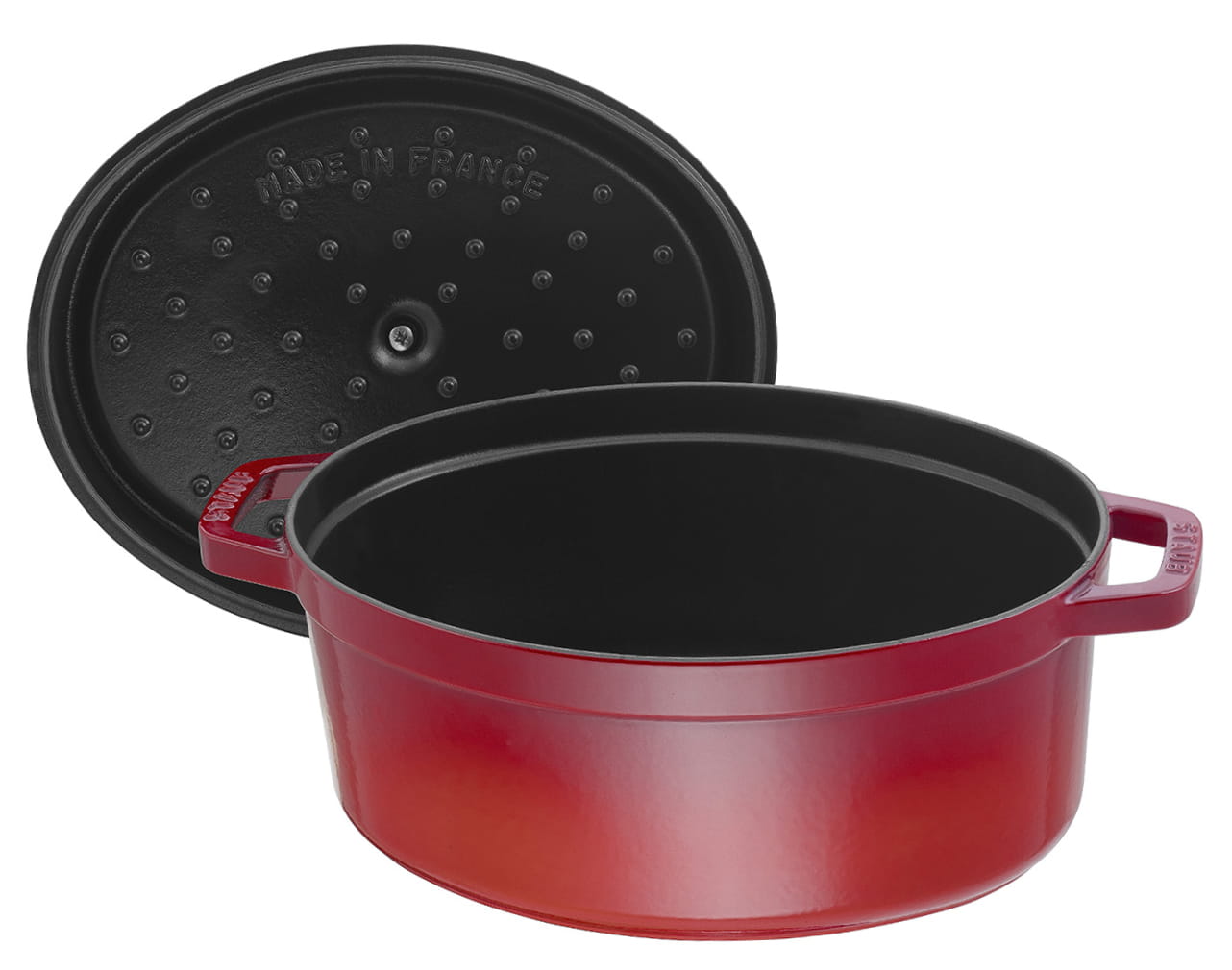 Staub Cocotte Bräter Gusseisen oval 33cm Kirsche offen