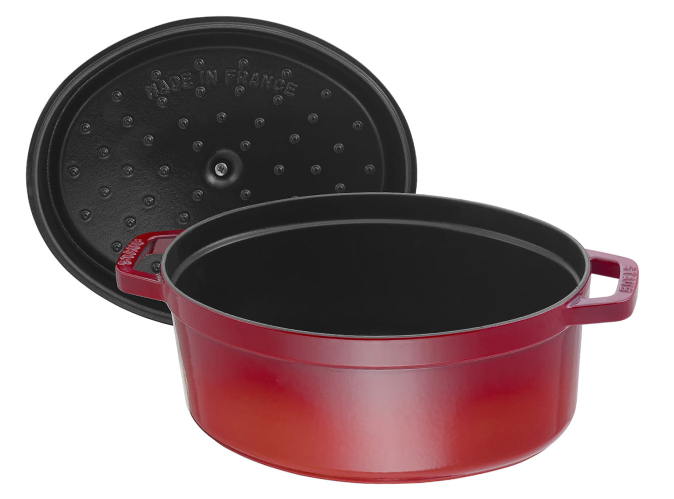 Staub Cocotte Bräter Gusseisen oval 37cm Kirschrot offen