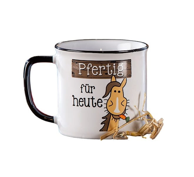 Gilde Porzellan Becher "Pfertig für heute", Pferdemotiv + Spruch, 390 ml
