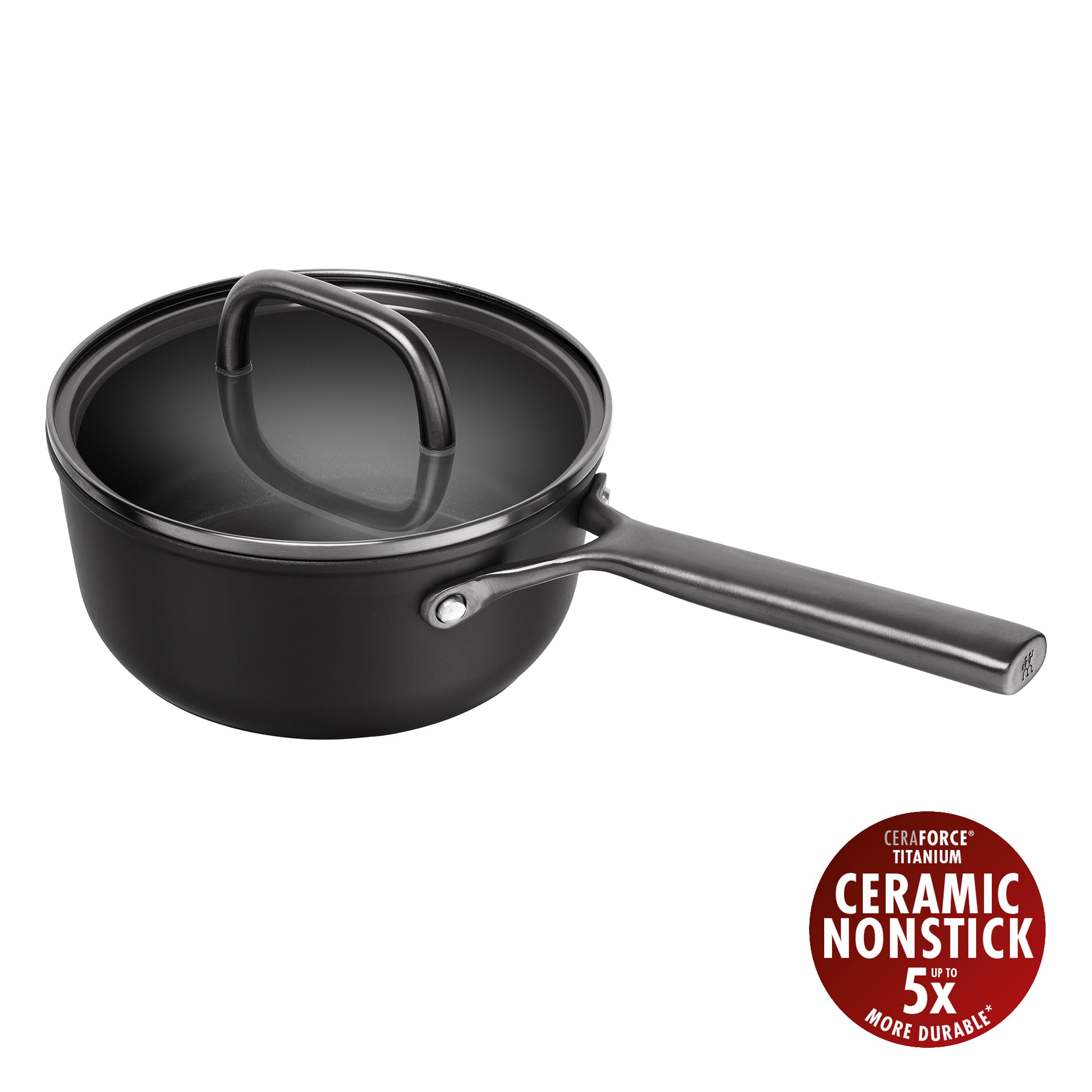 ZWILLING Milano Stieltopf mit Glasdeckel, 18 cm | Schwarz | Aluminium | Ceramic Titanium