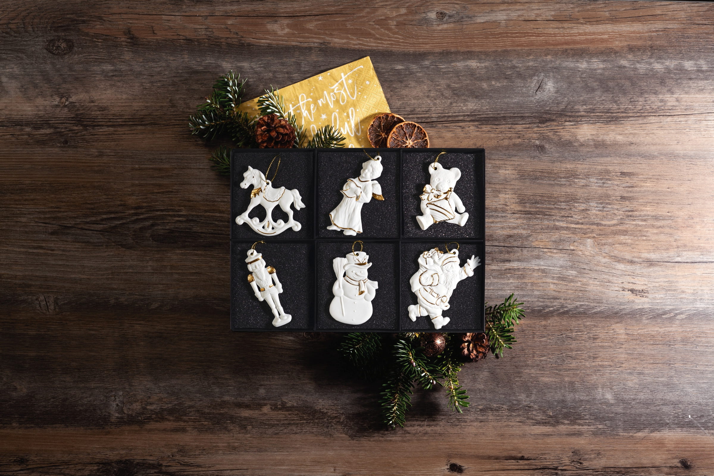 Seltmann Porzellan Weihnachtsanhänger 6er Set, Weiß/Gold