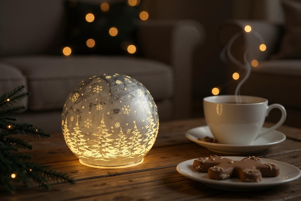 formano Weihnachtskugel 15 cm, Farbglas silber in geeister Optik, mit LED-Licht & Timer, winterl. Dekor