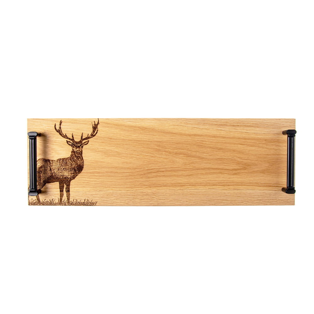 Scottish Eiche Tablett mit Griffen aus schwarzem Stahl - Hirsch 45 x 15 cm