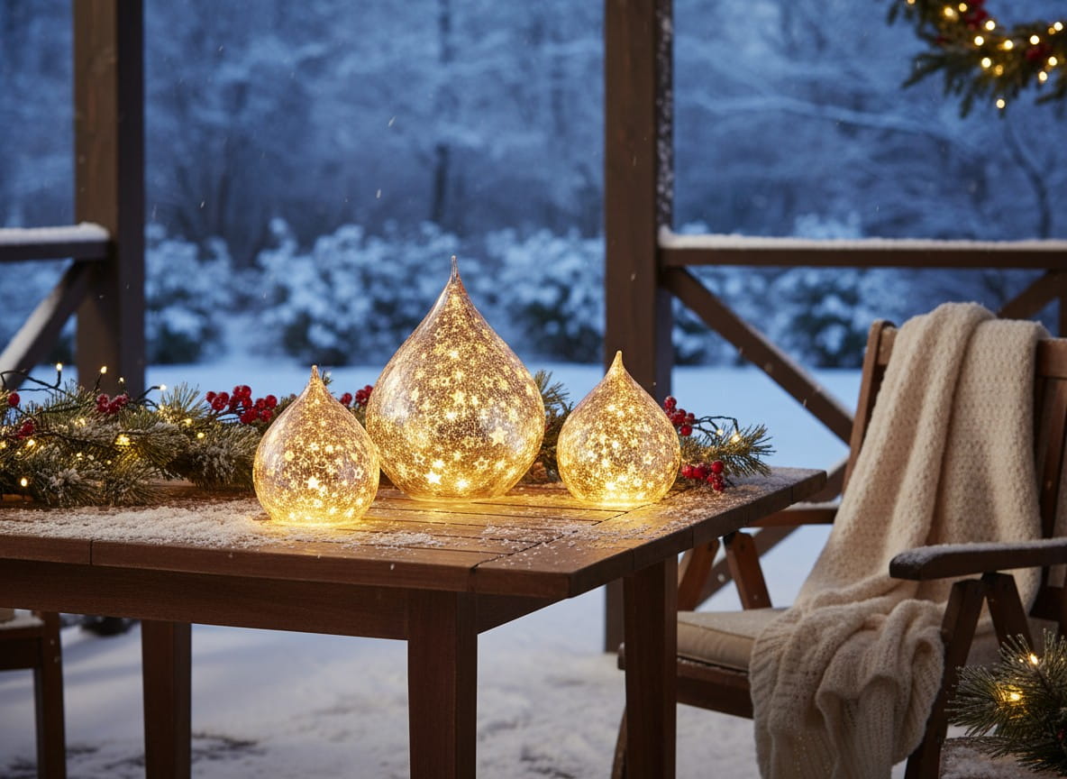 formano Weihnachts-Tropfen 25 cm, Farbglas Rose in Krakelee-Optik mit LED-Licht & Timer, Sterne