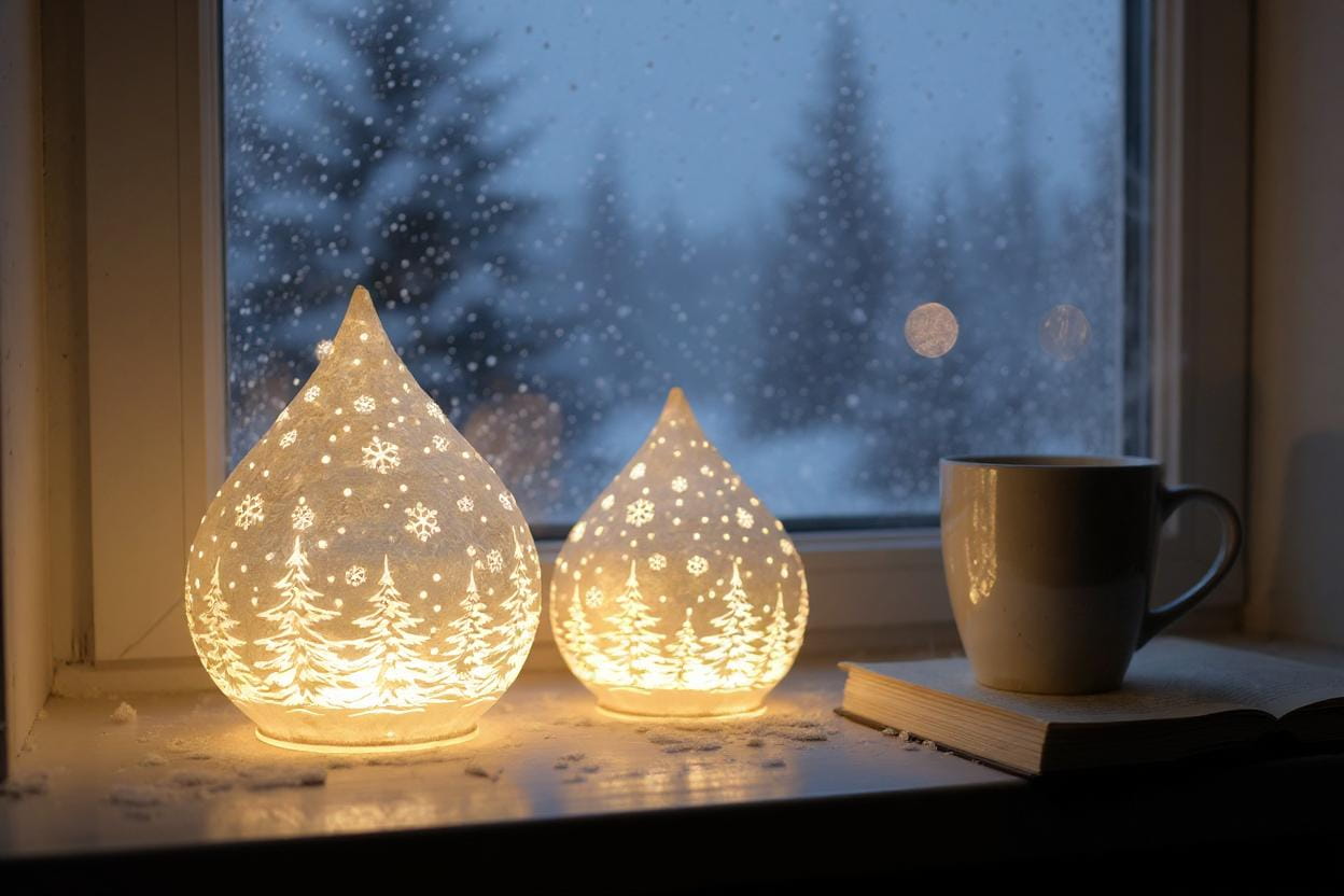 formano Weihnachts-Tropfen 21 cm, Farbglas Champagner in Frosty-Optik mit LED-Licht & Timer, winterl. Dekor 