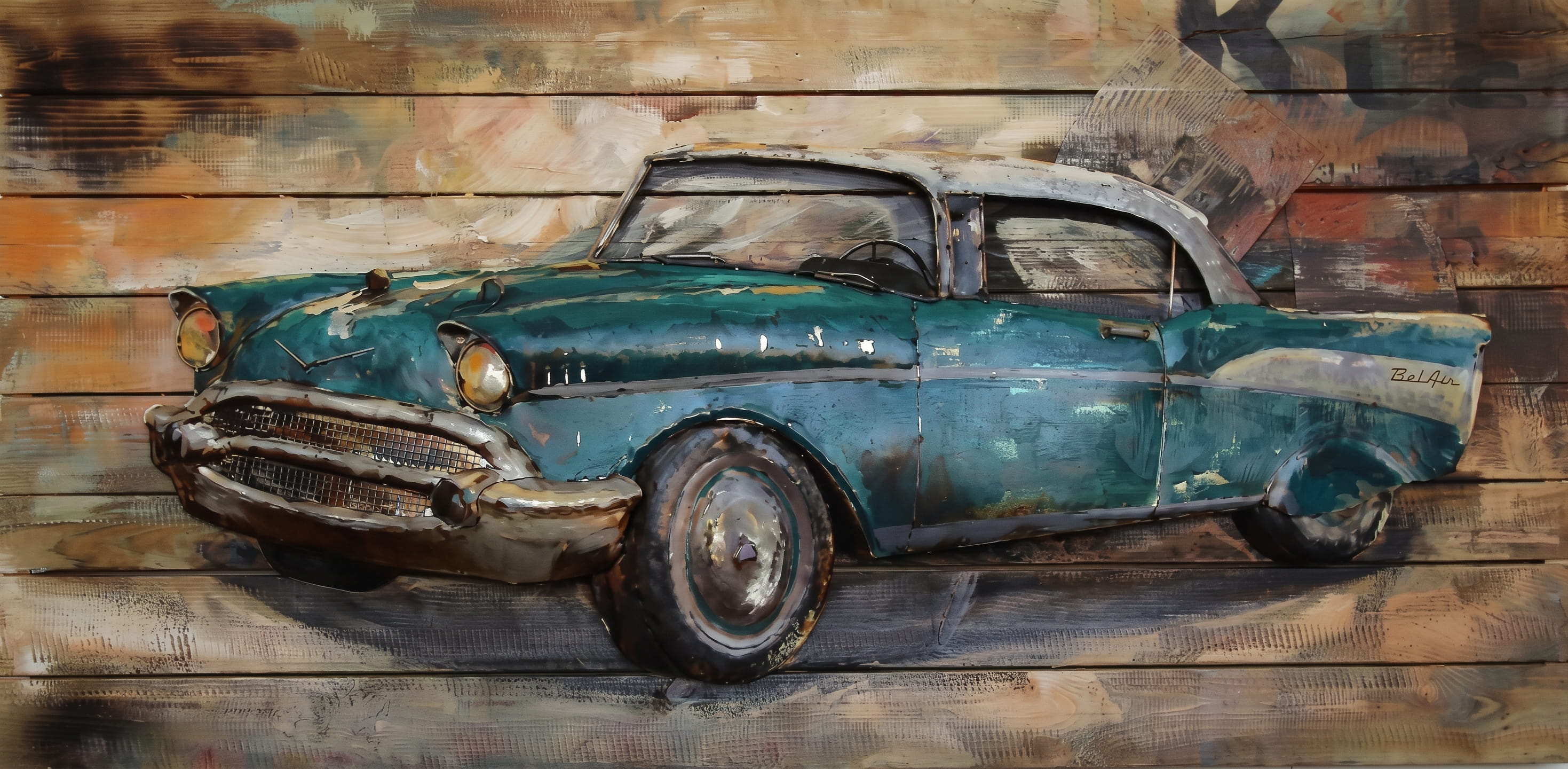 La Casa Metall 3D-Wandbild auf Holz "Oldtimer" - 140 x 70 x cm