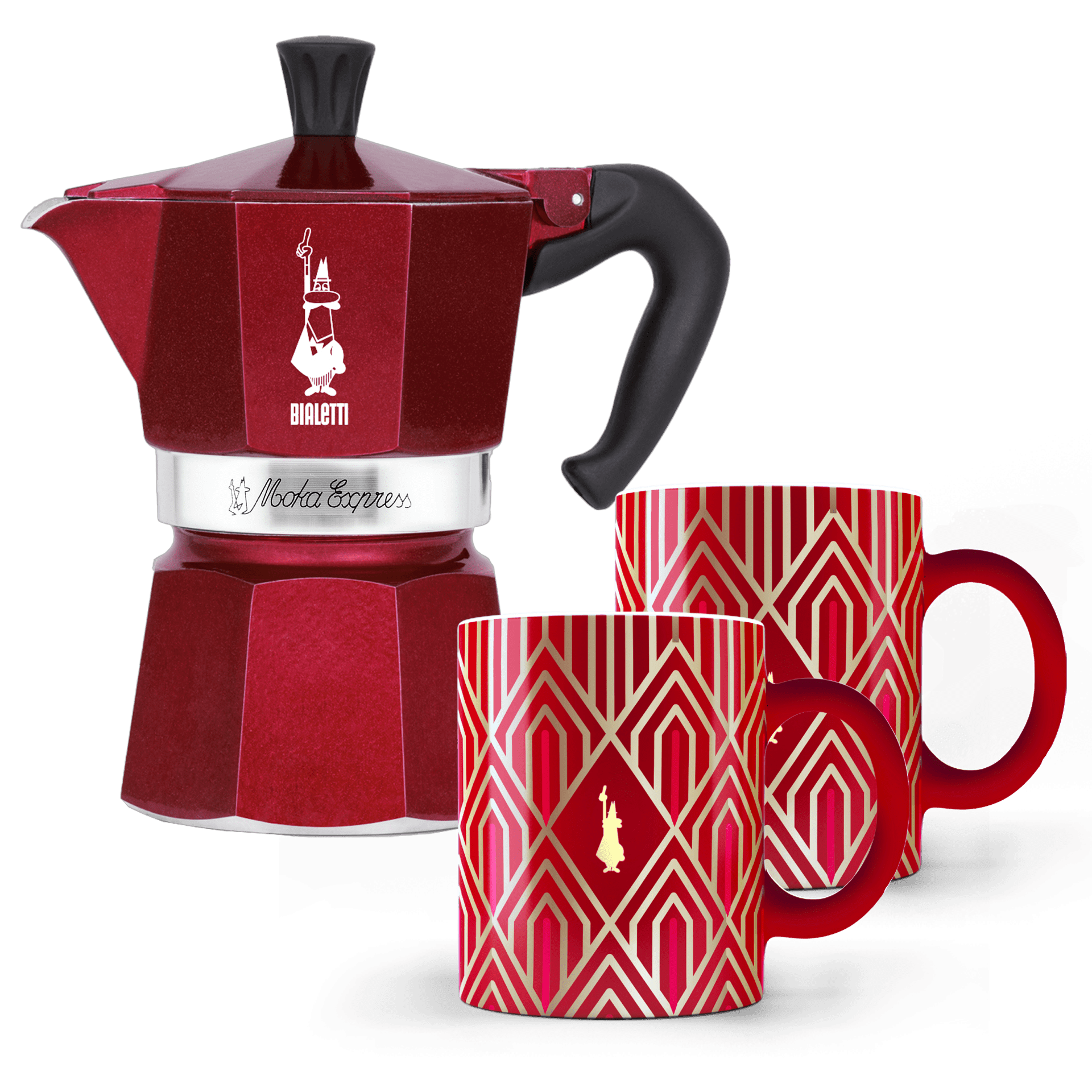 Bialetti Deco Glamour Espressokocher Moka Express rot, 6 Tassen, inkl. 2 Porzellan Kaffeebecher