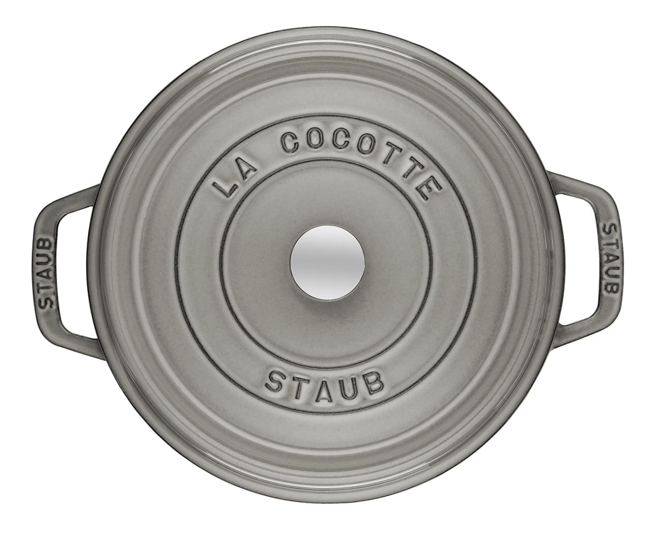 Staub Cocotte Bräter Gusseisen rund 30cm grau oben