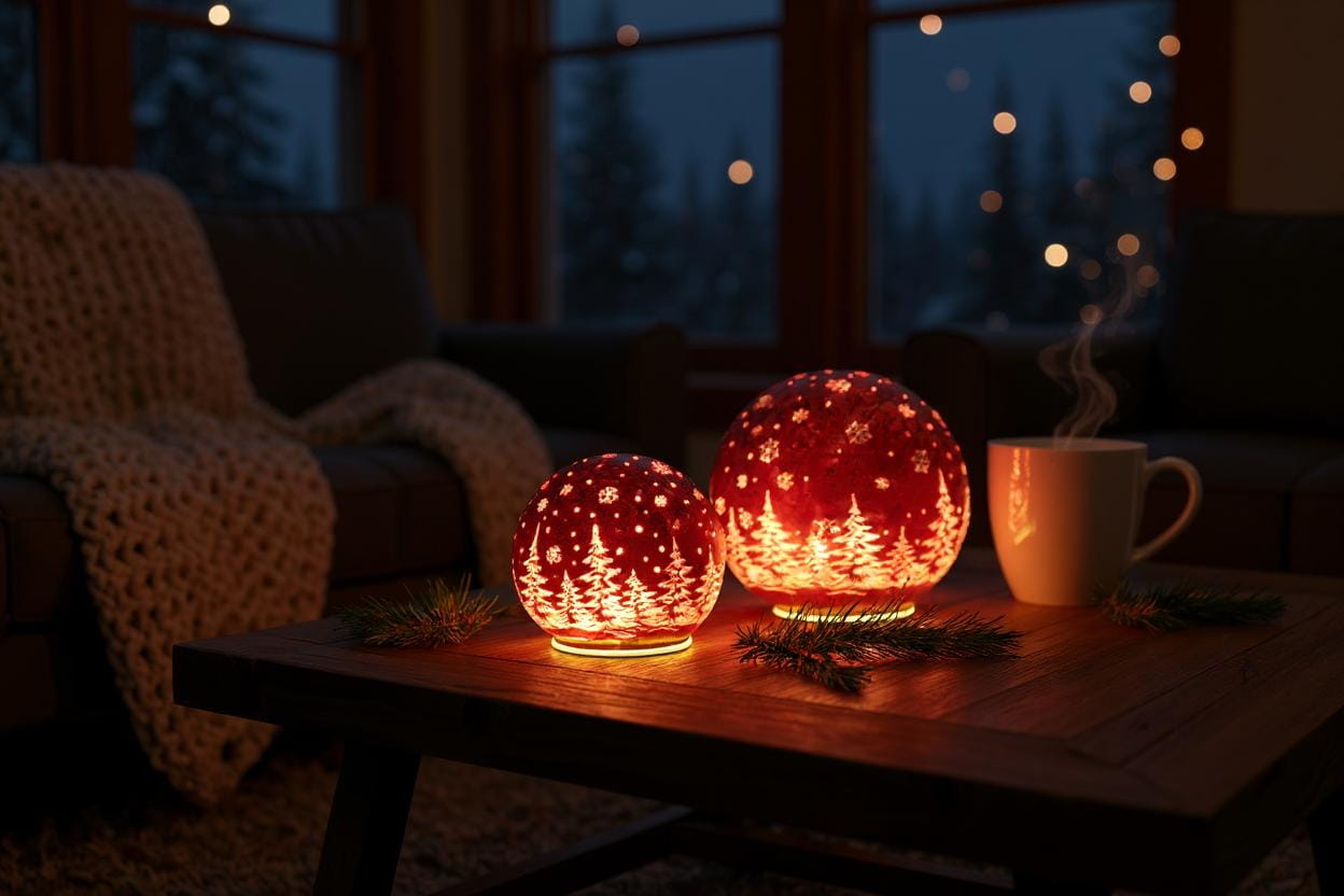 formano Weihnachtskugel 10 cm, Farbglas rot in geeister Optik, mit LED-Licht & Timer, winterl. Dekor