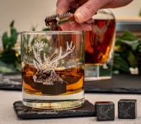 Scottish Whiskyset mit Whiskybecher, Untersetzer, Zange und Whiskysteinen - Hirsch