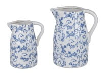 formano Gartendeko Keramik Vintage-Krug glasiert, Ranken-Dekor weiß/blau, 20 x 24 cm