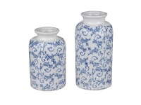 formano Gartendeko Keramik Vintage-Vase glasiert, Ranken-Dekor weiß/blau, 13 x 21 cm