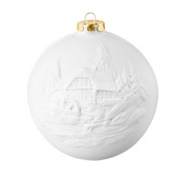 Seltmann Porzellan Weihnachtskugel, "Wildfütterung + Mühle" Ø 10 cm, Weiß