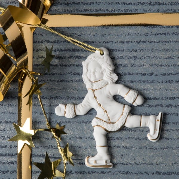 Seltmann Porzellan Weihnachtsanhänger "Schlittschuhläuferin", 8 cm, Weiß/Gold