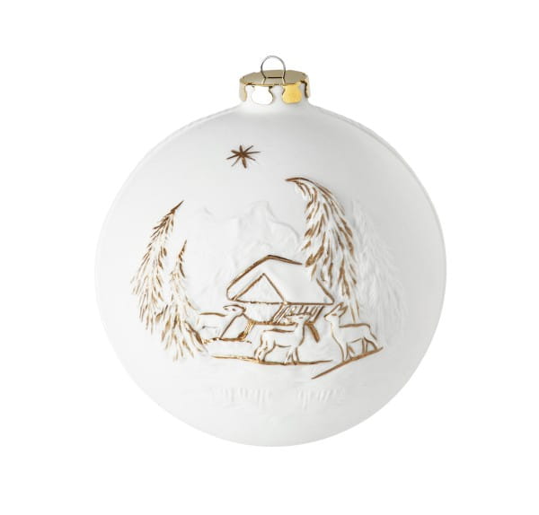 Seltmann Porzellan Weihnachtskugel, "Wildfütterung + Mühle" Ø 10 cm, Weiß/Gold