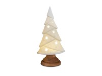 formano Porzellan Deko-Baum auf Holzfuß, matt weiß, Durchbrüche + Relief, LED-Licht & Timer, 28 cm