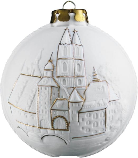 Seltmann Porzellan Weihnachtskugel, "Regensburg + Dorf mit Kirche" Ø 6 cm, Weiß/Gold