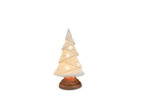 formano Porzellan Deko-Baum auf Holzfuß, matt weiß, Durchbrüche + Relief, LED-Licht & Timer, 20 cm
