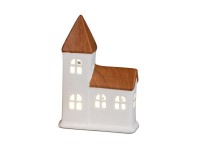 formano Steingut Kirche, weiß glasiert mit Dach in Holzoptik, Durchbruch, LED-Licht & Timer, 18 cm