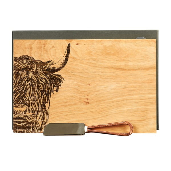 Scottish Eiche Käsebrett 30 x 20 cm + Messer 19 cm im Set - Schottisches Hochlandrind