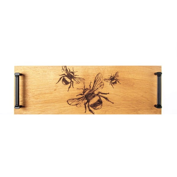 Scottish Eiche Tablett mit Griffen aus schwarzem Stahl - Biene 45 x 15 cm