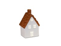 formano Steingut Haus, weiß glasiert mit Dach in Holzoptik, Durchbruch, LED-Licht & Timer, 14 cm