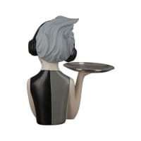 Gilde Poly Figur Girl mit Kopfhörer + Edelstahltablett, grau/schwarz/weiß - 27 cm