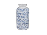 formano Gartendeko Keramik Vintage-Vase glasiert, Ranken-Dekor weiß/blau, 13 x 26 cm