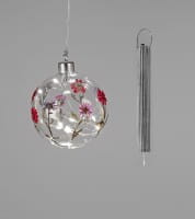 formano LED-Hänger-Kugel Ø 10 cm, Glas mit aufgesetzten Blumen, Timer + Batteriebox zum Hängen