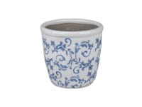 formano Gartendeko Keramik Vintage-Pflanztopf glasiert, Ranken-Dekor weiß/blau, 14 x 13 m